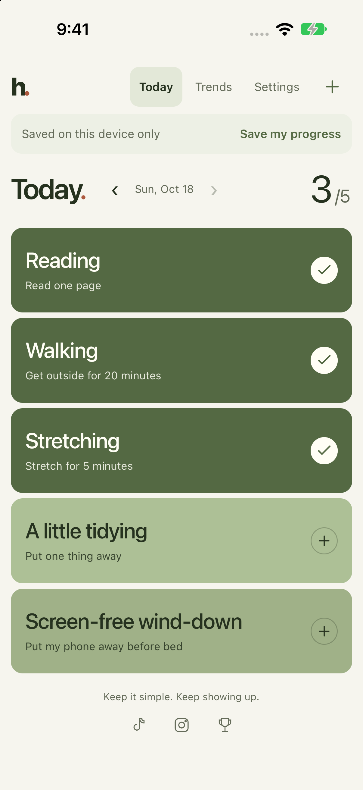 Habits Today screen with Reading, Walking and Stretching checked off, and three of five habits complete